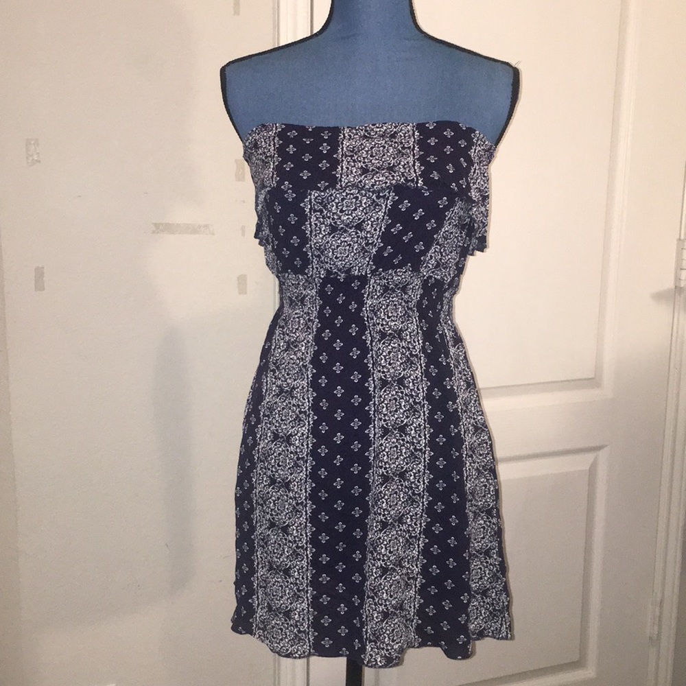Strapless Dress in Navy Blue Paisley Pattern